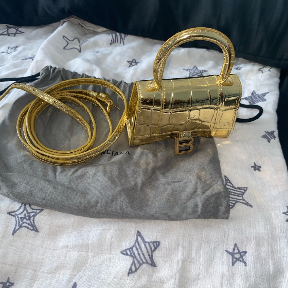 Balenciaga Gold Hourglass Mini Croc-Embossed Bag